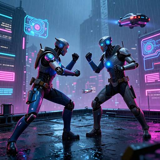 Digital artwork of two glowing blue-eyed, armored robots fighting in a neon-lit, rainy cybercity with hovering cars and holographic signs.