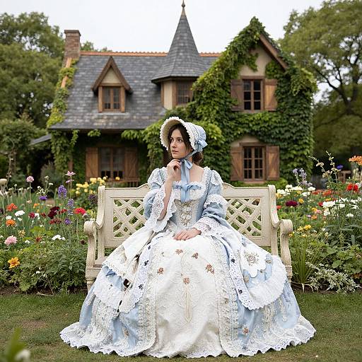 Photograph of a Victorian-style woman in a white lace dress and bonnet, sitting on a white bench, in front of a ivy-covered cottage