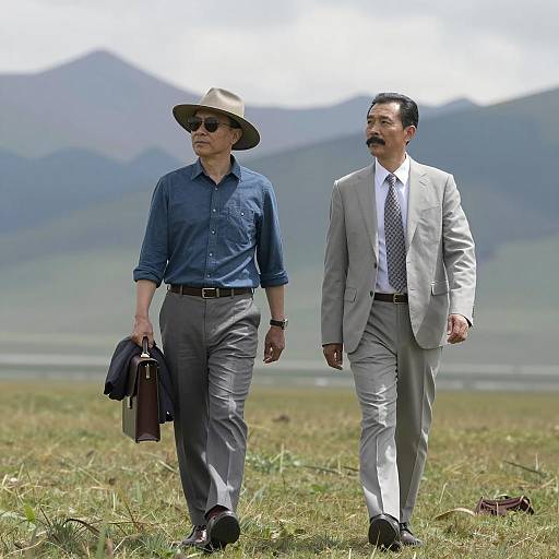 Two Men Walking in Mountainous Grassland