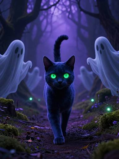 Photograph-style digital art of a glowing green-eyed black cat walking down a purple-lit, spooky forest path with ghostly figures.
