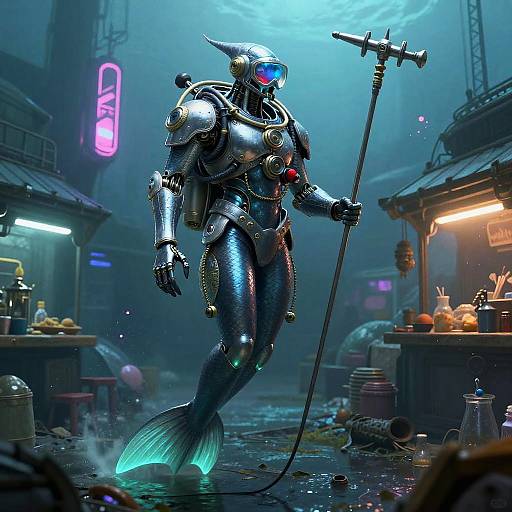 Biomechanical Merfolk Bounty Hunter in Cyberpunk Shipwreck Bazaar