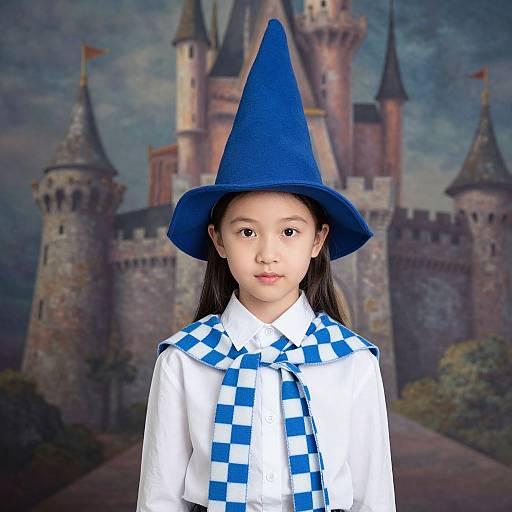 Photograph of an Asian girl with long black hair, wearing a blue witch hat and checkered scarf, in front of a detailed castle backdrop.