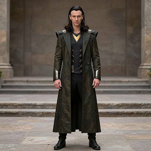 Photograph of a tall, long-haired man in a black, long coat with silver accents, black shirt, and boots, standing on stone steps in