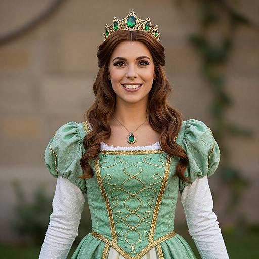 Photograph of a smiling young woman with long brown hair, wearing a green and gold medieval-style dress, white sleeves, and a jeweled crown,