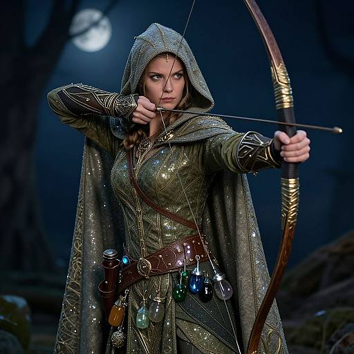 Photograph of a determined, fair-skinned archer woman in a metallic, hooded, green and silver fantasy robe, drawing a gold-bow