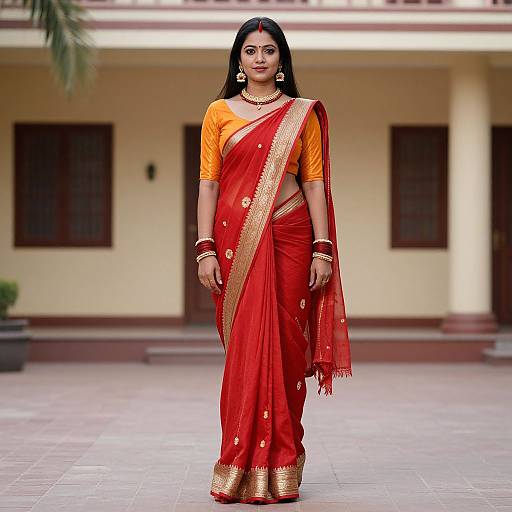 Photograph of an Indian woman with long black hair, wearing a bright orange blouse and red saree with gold trim, standing confidently in front of a