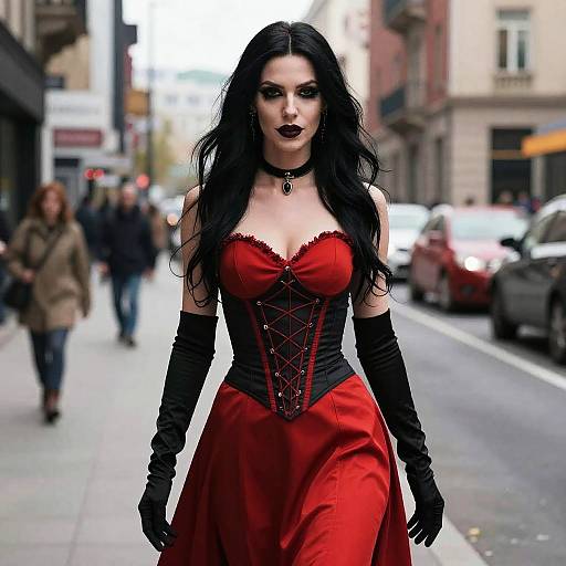 Vampy Woman in Red and Black Dress on City Street