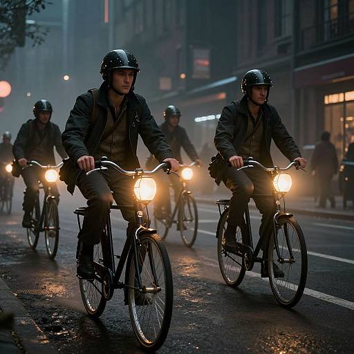 Photograph of four men in black helmets and jackets riding bicycles at night on a wet, city street with bright headlamps, misty background,