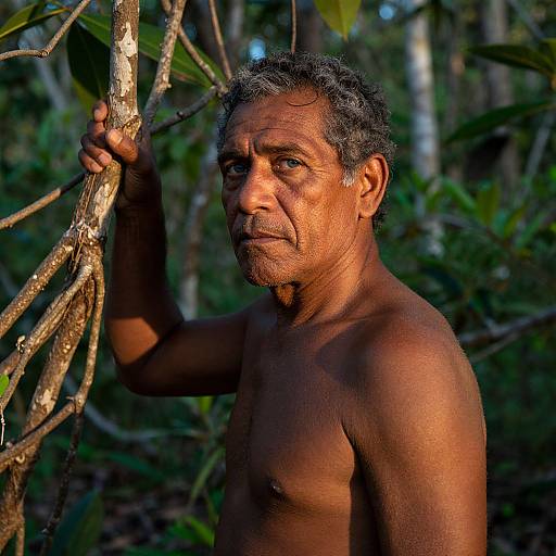Photograph of a shirtless, middle-aged, dark-skinned man with curly gray hair, standing in a forest, holding a tree branch, sunlight