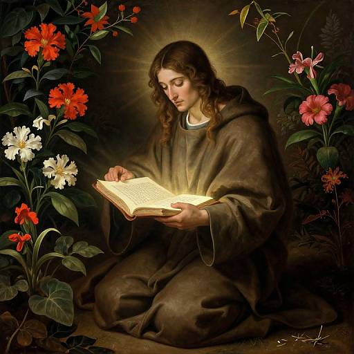 Divine Cloaked Figure Amidst Lush Foliage