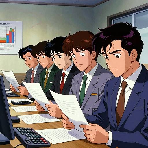 Anime-style digital illustration of five serious male office workers in suits, reading documents at desks, in a brightly lit office.