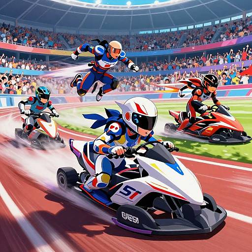 Vibrant digital illustration of four karts racing on a track, with colorful helmets and suits, under a bright stadium lights.