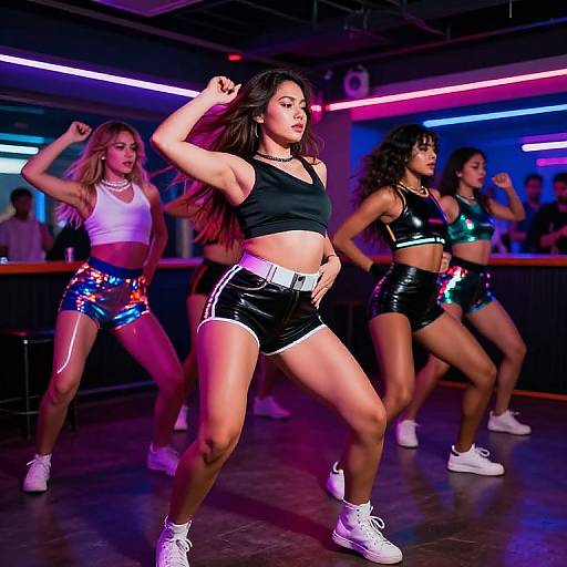 Photograph of four young women dancing in a neon-lit club. They wear black crop tops, shiny shorts, and white sneakers, striking dynamic poses