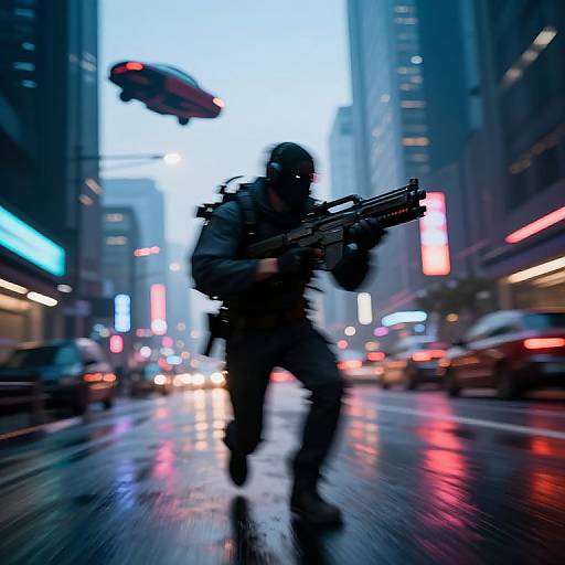 Silhouetted soldier with assault rifle running through a neon-lit, rainy urban street, with a hovering red car in the background.