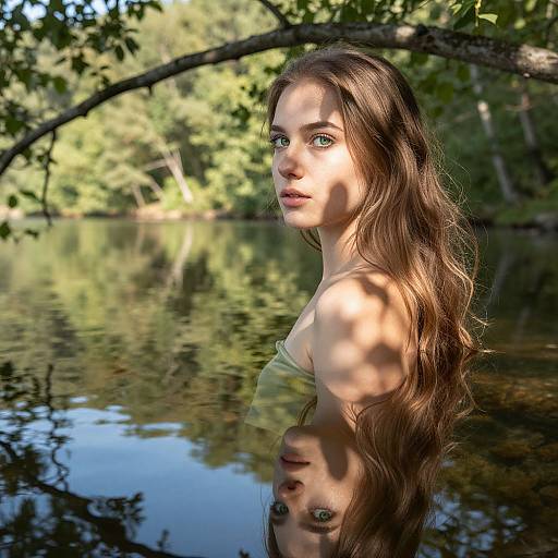 Photograph of a young woman with long brown hair, green eyes, and fair skin, standing in a reflective forest pond, sunlight filtering through leaves.