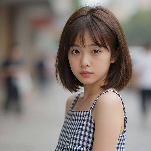 Photograph of a young Asian woman with short brown hair, wearing a black-and-white checkered sleeveless dress, standing in a blurred urban street background