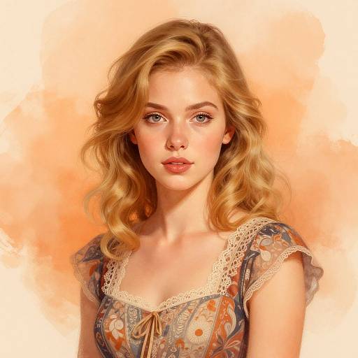 Digital painting of a blonde woman with wavy hair, blue eyes, and fair skin, wearing a floral, lace-trimmed dress, against a