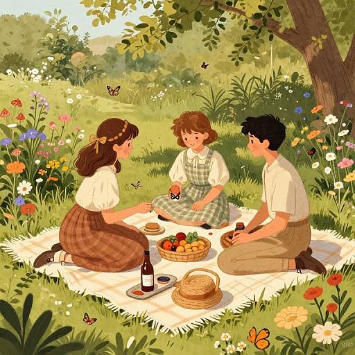 Digital illustration of a sunlit, floral garden picnic with three young people sitting on a white blanket, sharing food and surrounded by colorful flowers, butterflies,