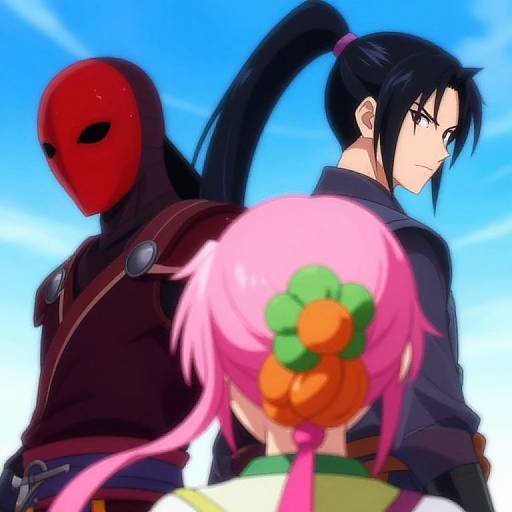 Digital anime artwork of a black-haired man in a blue jacket with a masked figure and a pink-haired girl with orange-green hair accessories against a bright blue
