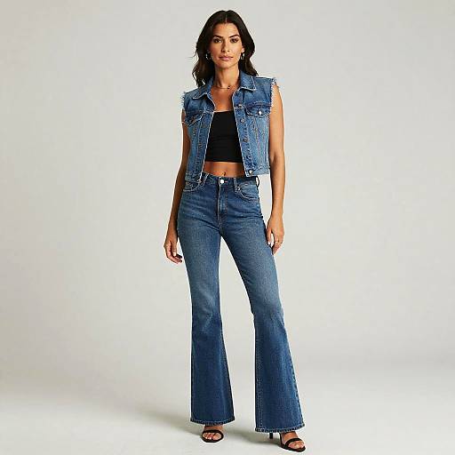 Photograph of a dark-haired woman in a sleeveless denim vest, black crop top, and blue flared jeans, standing against a plain white background