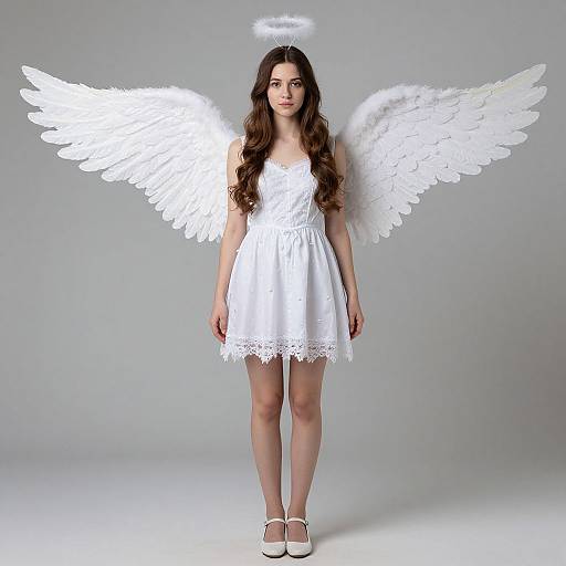 Photograph of a young woman with long brown hair, white angel wings, halo, white lace dress, and white shoes, standing against a gray background