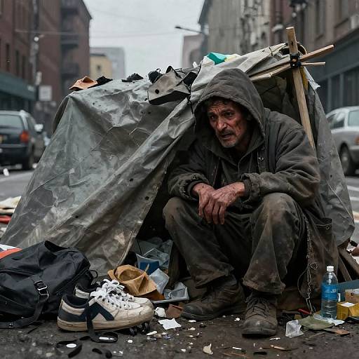 Photograph of a dirty, haggard homeless man squatting under a plastic sheet shelter on a city street, surrounded by scattered belongings and trash.
