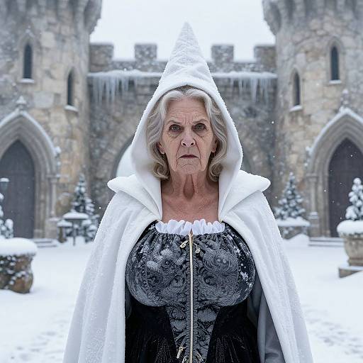 Elderly woman in white hooded cloak with black floral dress, standing in snowy churchyard, medieval stone church in background. Photographic image.