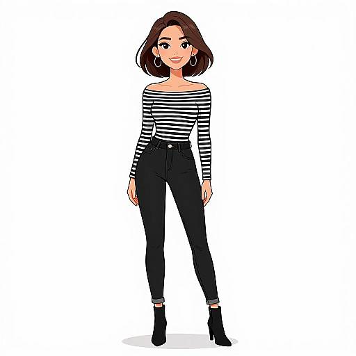 Digital illustration of a smiling young woman with short brown hair, wearing a black-and-white striped off-shoulder top, high-waisted black jeans