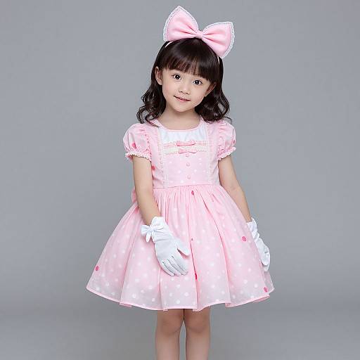 Photograph of an Asian girl with black wavy hair, wearing a pink polka-dot dress, white gloves, and a large pink bow, standing