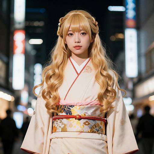 Golden-Haired Girl in Vivid Kimono