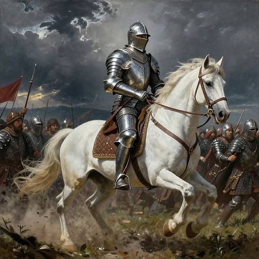 Photorealistic digital artwork of a knight in shiny silver armor, riding a white horse, charging through a battlefield with armored soldiers under a stormy sky