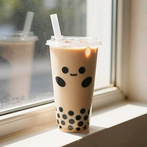 Photograph of a cute bubble tea cup with black face stickers, a white straw, and black bubble pattern on a sunlit windowsill.