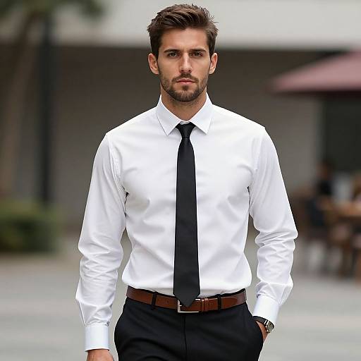Photograph of a handsome, bearded man with dark hair, wearing a white dress shirt, black tie, and dark pants, walking confidently outdoors.