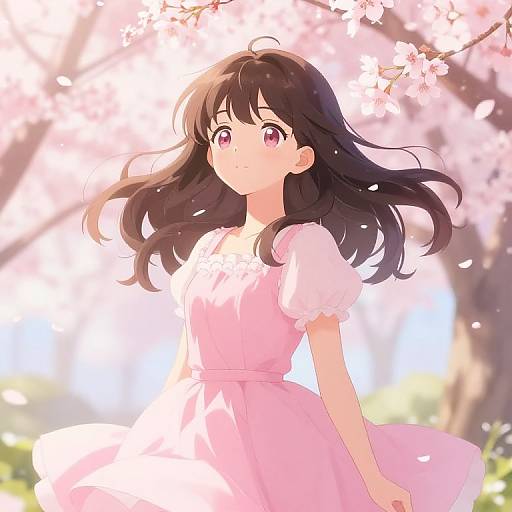 Anime-style digital drawing of a young girl with long black hair and pink eyes, wearing a pink dress, standing under cherry blossoms in sunlight.