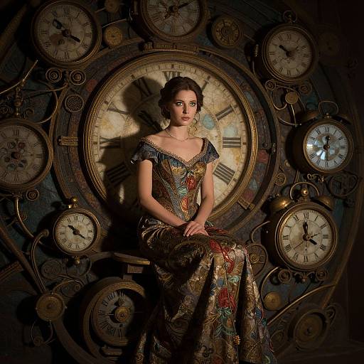 Steampunk photograph of a dark-haired woman in an ornate, patterned gown, sitting before a large, circular clock surrounded by smaller clocks,