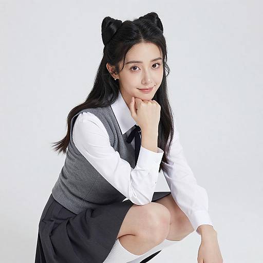 Asian Woman in Twin Buns Squatting