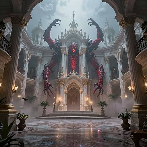 Digital artwork of a Gothic cathedral with massive, red, dragon-like wings emerging from the altar, surrounded by mist and lit by warm lamps.