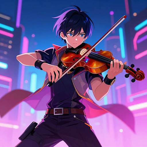 Digital anime-style drawing of a blue-haired, blue-eyed male violinist in a black shirt and vest, playing in a neon-lit cityscape.