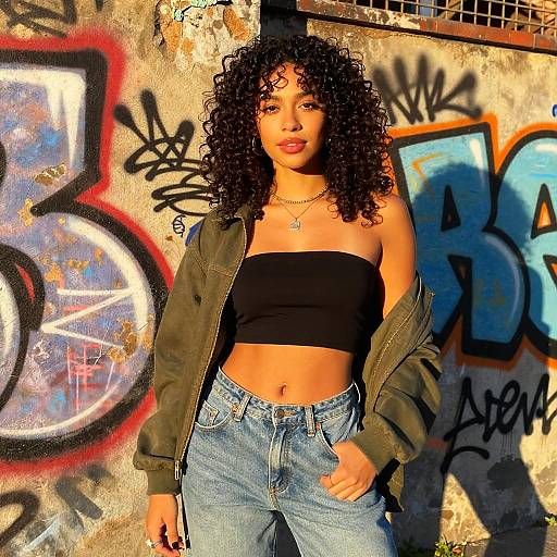 Photograph of a curly-haired Black woman with a strapless black top, green jacket, and jeans, standing against a graffiti-covered wall.