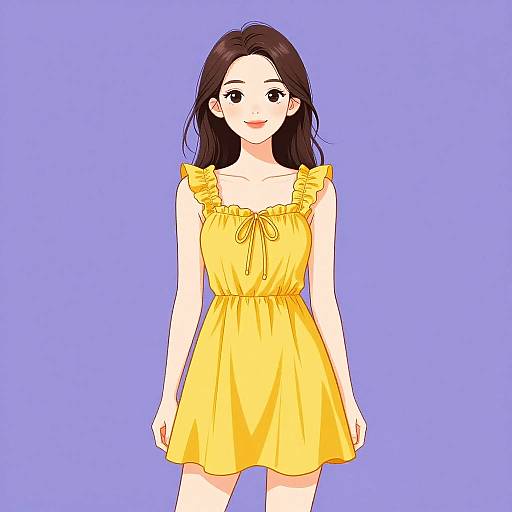 Digital anime-style drawing of a smiling woman with long brown hair, wearing a yellow sleeveless dress with ruffled shoulders, against a solid blue background.