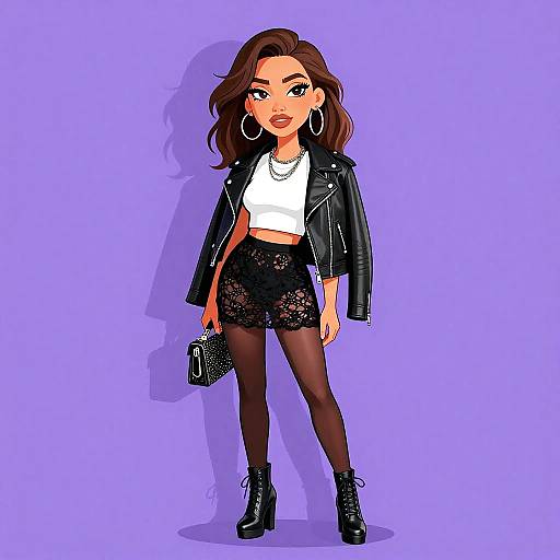 Digital illustration of a confident woman with wavy brown hair, wearing a black leather jacket, white crop top, lace shorts, black tights, and
