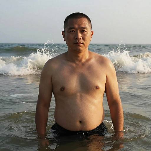 Photograph of a shirtless, middle-aged Asian man standing in shallow ocean water, waves splashing behind him, clear sky overhead, wearing black swim