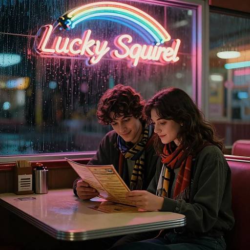 Photograph of a couple with curly hair and long dark hair, reading a menu under a neon 