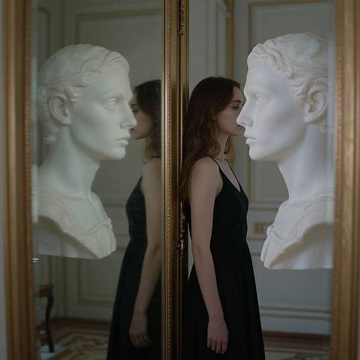 Photograph: Young woman in black dress stands in front of a mirrored wall with a classical white bust sculpture, reflecting her profile. Elegant, dimly