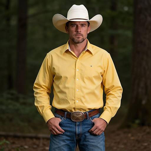 Photograph of a handsome, bearded man in a white cowboy hat, yellow shirt, and blue jeans, standing confidently in a forest.