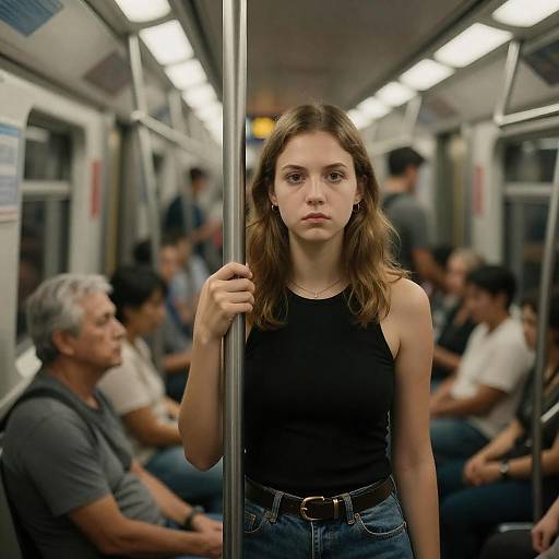 Serious Woman in Crowded Subway Car