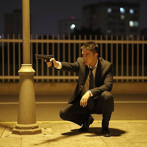 Crouched Man in Suit with Gun at Night
