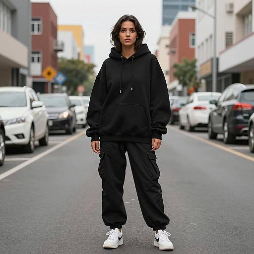 Confident Woman in Black Hoodie on Urban Street