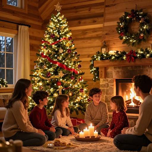 Photograph of six children sitting around a lit Christmas tree and fireplace in a cozy wooden cabin, surrounded by candles and festive decorations.