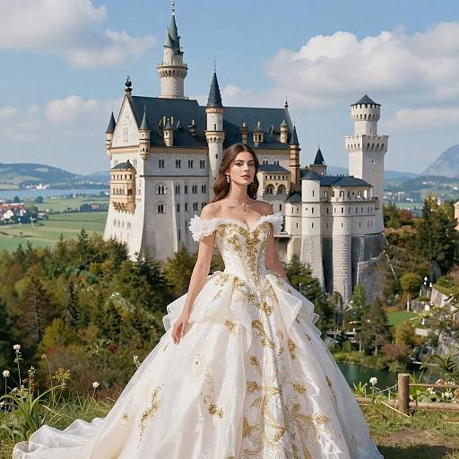 Photograph of a brunette woman in an off-shoulder, white, gold-embroidered ballgown standing in front of a medieval castle